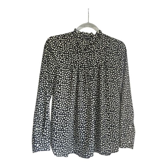 J. CREW Mercantile Womens Sz 2 Heart Print Pintuck Popover Black White Ruffles - Picture 1 of 9